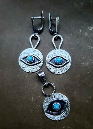 Эксклюзивные дизайнерские серебряные серьги "всеячий глаз" серебро 925 природный опал7 фото