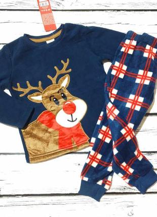 Теплая флисовая новогодняя детская пижама на мальчика комплект теплый кофта штаны джоггеры