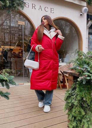 Пальто двухстороннее беж красное на запах с поясом длинное зима3 фото