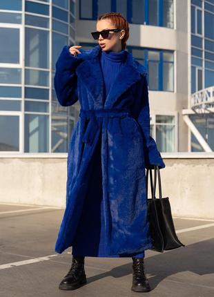 Синее пальто из искусственного меха2 фото