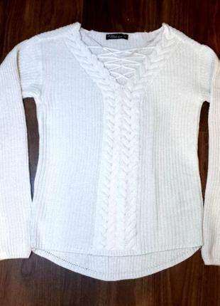 Белый свитер, вязаная кофта  с блестками и шнуровкой3 фото