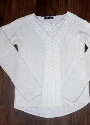 Белый свитер, вязаная кофта  с блестками и шнуровкой5 фото