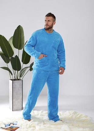 Пижама с брюками мужская теплая махровая осень зимняя на осень зима серая графит бежевая голубая утепленная батал штаны кофта свитшот3 фото