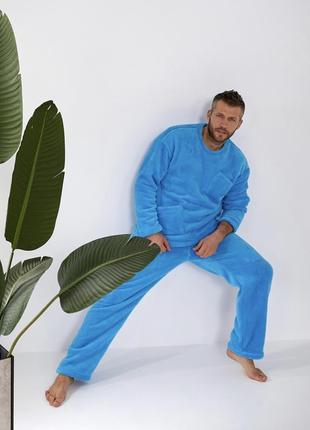 Пижама с брюками мужская теплая махровая осень зимняя на осень зима серая графит бежевая голубая утепленная батал штаны кофта свитшот4 фото