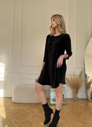 Платье короткое чёрное однотонное свободного кроя на рукав три четверти качественное стильное трендовое3 фото