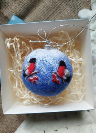 Ёлочный шар снегири 8 см, ёлочное украшение ручной работы, ёлочная игрушка снегирь5 фото