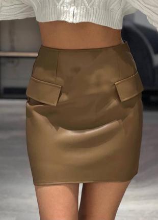 Кожаная юбка карандаш мини короткая юбка с карманами искусственная эко кожа стильная базовая черная серая бежевая белая серебряная