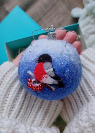 Ёлочный шар снегирь 6 см, ёлочное украшение снегирь ручной работы