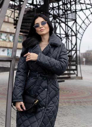 Пальто женское стеганое зимнее теплое, со съемным капюшоном, бренд, темно серое графит3 фото