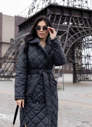Пальто женское стеганое зимнее теплое, со съемным капюшоном, бренд, темно серое графит2 фото