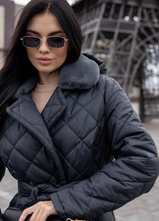 Пальто женское стеганое зимнее теплое, со съемным капюшоном, бренд, темно серое графит6 фото