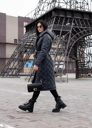 Пальто женское стеганое зимнее теплое, со съемным капюшоном, бренд, темно серое графит8 фото