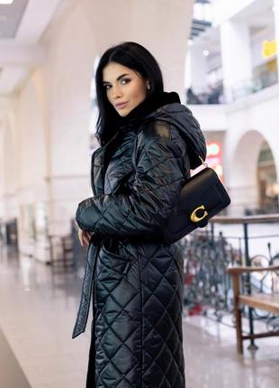 Пальто женское стеганое зимнее теплое, со съемным капюшоном, бренд, черное5 фото