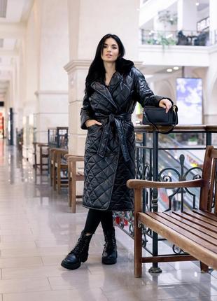 Пальто женское стеганое зимнее теплое, со съемным капюшоном, бренд, черное8 фото