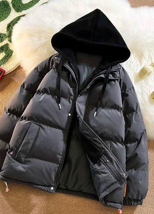 Куртка пуховик жіноча зимова оверсайз тепла з капішоном на блискавці з кишенями якісна стильна трендова чорна графітова2 фото