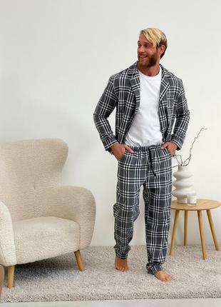 Мужская пижама cosy из фланели (штаны+футболка+рубашка) серый/черный/белый