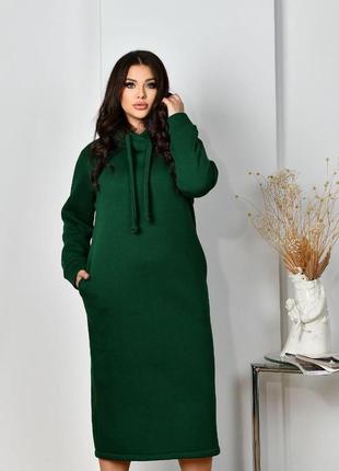Женское теплое платье свободного кроя с боковыми карманами и капюшоном размеры 46-567 фото