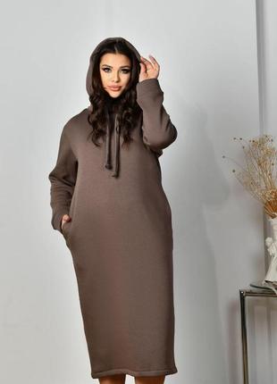 Женское теплое платье свободного кроя с боковыми карманами и капюшоном размеры 46-563 фото