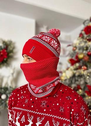Теплий новорічний комплект шапка і баф на мікрофлісі