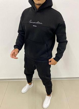 Чоловічий утеплений спортивний костюм oversize на флісі чорний