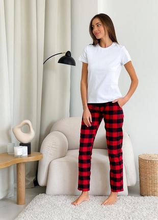 Пижамный комплект женский cosy в ячейку красный/черный. (штаны + белая футболка)