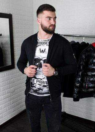 Мужской стильный трикотажный бомбер на осень/весну чёрный. мужская чёрная куртка