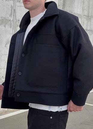 Мужская стильная утеплённая кашемировая куртка оверсайз чёрная3 фото