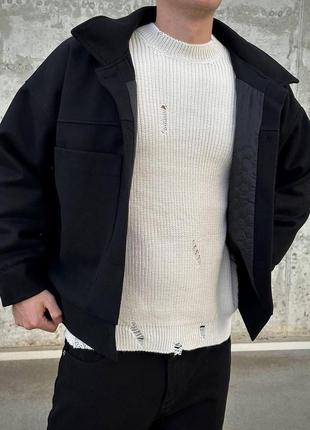 Мужская стильная утеплённая кашемировая куртка оверсайз чёрная4 фото