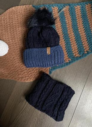Вязаний набір шапка хомут шарф синій утеплений  на вік 3-5 років