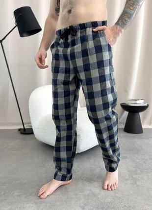 Домашня піжама для чоловіків  cosy  із фланелі  (штани+лонгслив) клітина хакі5 фото