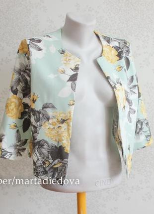 Пиджак укороченный, блейзер летний, бирюза в цветочный принт, бренд asos3 фото