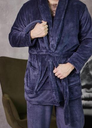Домашній чоловічий костюм махра жакет+штанці томіко молочний графіт2 фото