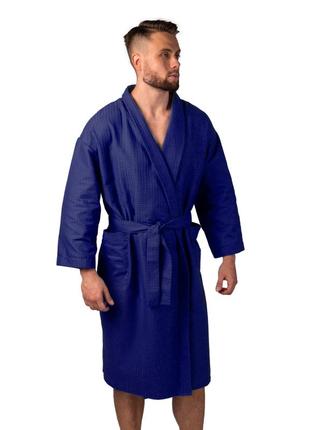 Вафельный халат luxyart кимоно размер (54-56) xl 100% хлопок синий (ls-459)
