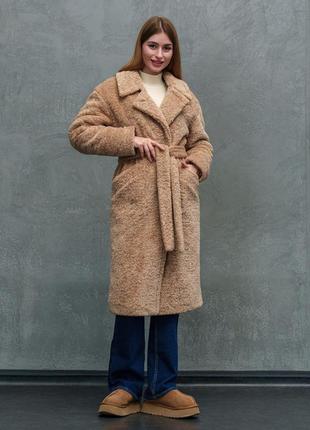 Модная шуба пальто из эко-меха теди с поясом утепленная 42-44 разные цвета кемел1 фото
