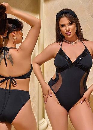 Жіночий цільний купальник у великих розмірах 01084/2 "монокіні смуги пайетка сітка"