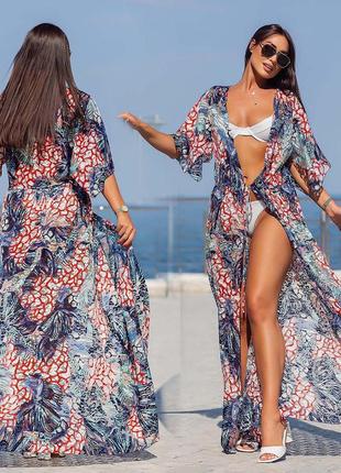 Жіноча пляжна туніка у великих розмірах 10242-3 "макраме принт максі" в кольорах