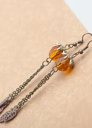 Длинные серьги висюльки. бронзовые серёжки подвески цепочки. коричневый турмалин