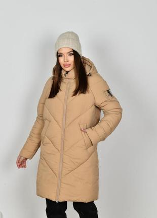 Дуже теплий пуфер пальто пуховик молодіжний прямого крою на біо-пуху 44-54 розміри різні кольори кемел