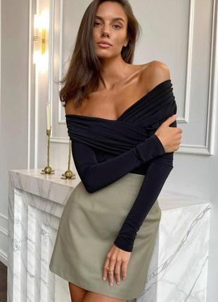 2 цвета! романтичный боди с открытыми плечами и драпировкой, черный, белый, топ,...