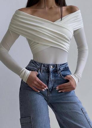 2 цвета! романтичный боди с открытыми плечами и драпировкой, черный, белый, топ,...