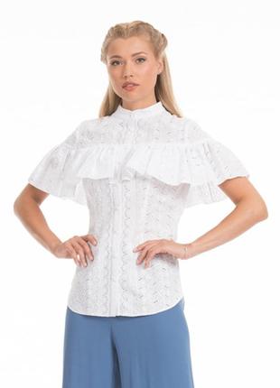 Натуральная белая блуза рубашка кроше, большая рюша на плечах,1 фото
