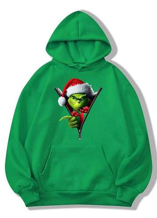 Новеорическое худи унисекс, толстовка с капюшоном, теплый худи на флисе с новогодним принтом красный, белый, зеленый