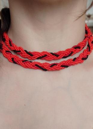Эксклюзивное украинская украшение ручной работы ожерелье колее из бисера в красном черном цвете на завязках3 фото