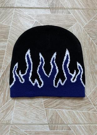 Шапка y2k rare japanese brand blue flame logo opium beanie hat1 фото