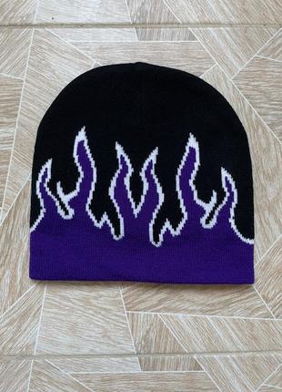 Шапка y2k rare japanese brand purple flame logo opium beanie hat1 фото