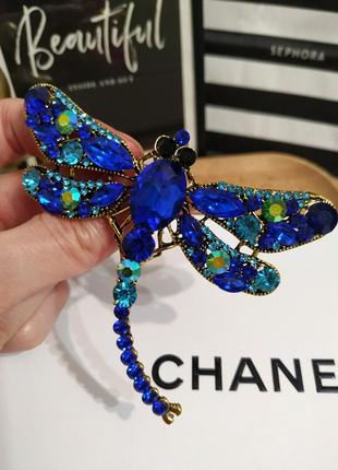 Велика брошка з камінцями синя стрекоза бабка пін значок метелик2 фото