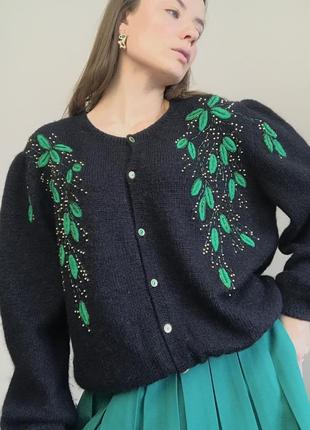100% мохер/кашемир. винтажная кофта свитер на зиму натуральный теплый с аппликацией вышивкой
