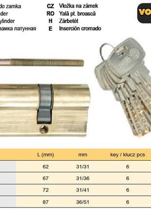 Сердцевина замка польша латунь l=62 мм 31/31 мм 6 ключей vorel-77190
