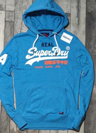 Мужская хлопковая брендовая кофта толстовка superdry  в синем цвете  размер l2 фото