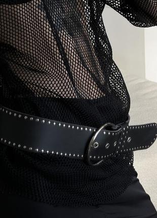 Роскошный кожаный черный широкий пояс с круглой бляшкой3 фото